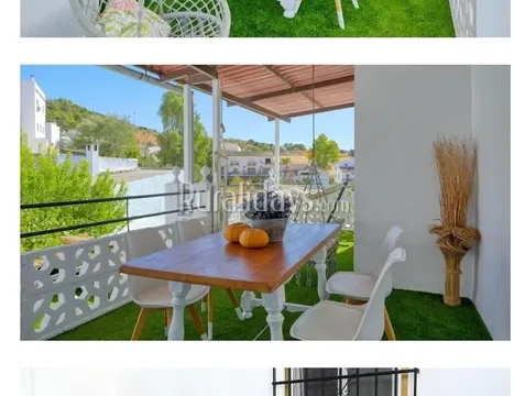 Terraza, mesas, plantas, fuente, tranquilidad.