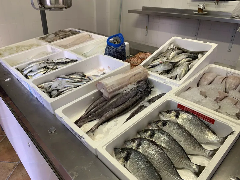 Pescadería con variedad de mariscos.