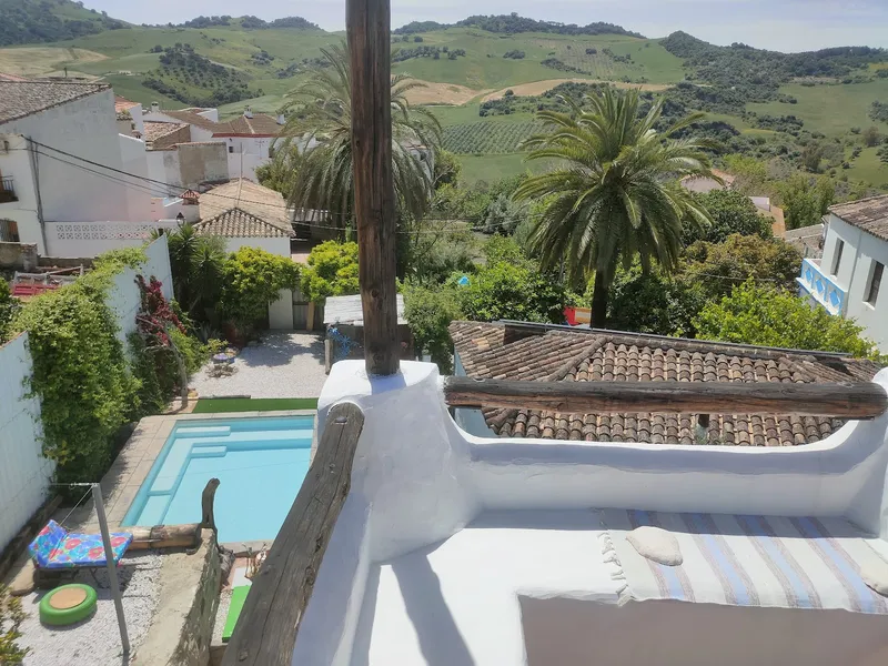 Casa, piscina, palmera, paisaje, tranquilizante.