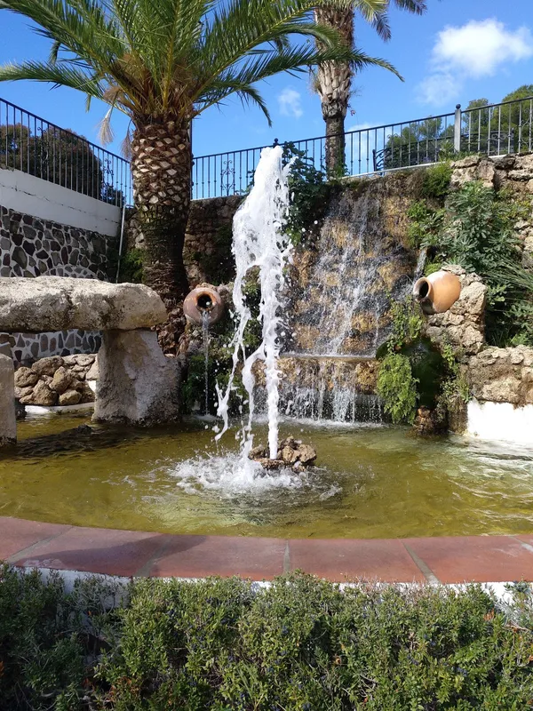 Fuente con palmeras y agua.