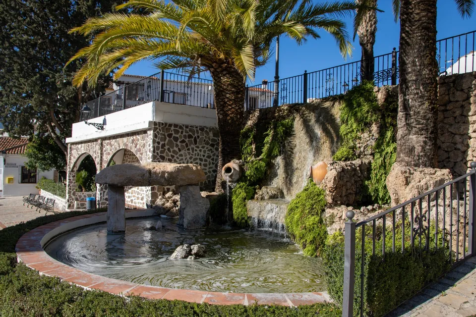Fuente, palmeras, naturaleza, piedra, agua.