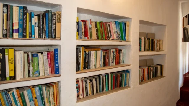 Estantes llenos de libros variados.