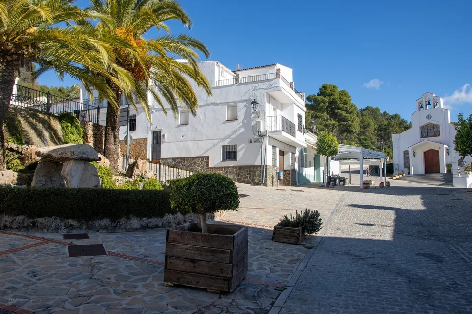 Pueblo blanco con palmeras y iglesia.