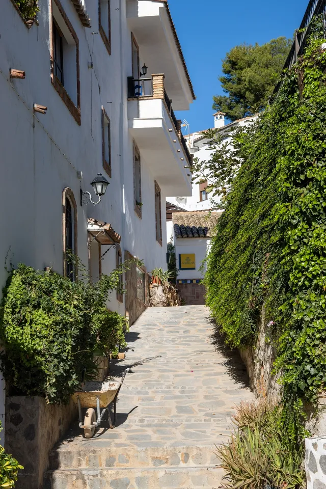 Callejón, casas blancas, vegetación, piedra, soleado.