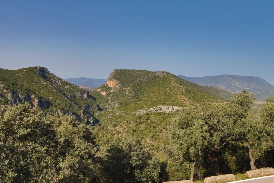 Montañas verdes bajo cielo azul.